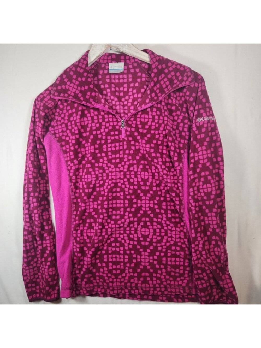 Columbia Womens Pink Purple Geometric Grid Fleece Quarter Zip Pullover M